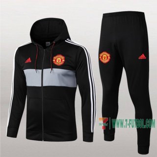 7-Futbol: Termicas Original Chaqueta Chandal Del Manchester United Con Capucha Negra/Gris Cremallera 2019 2020