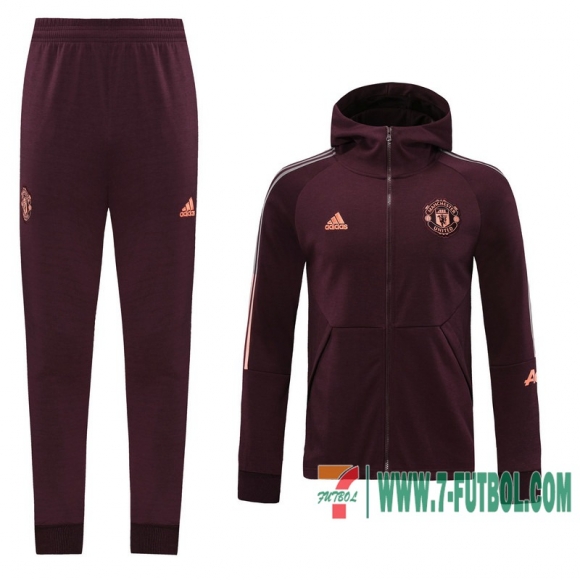 Chaquetas Futbol - Sudadera con capucha Manchester United Bordeaux + Pantalon 2020 2021 J129