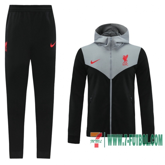 Chaquetas Futbol - Sudadera con capucha Liverpool negro + Pantalon 2020 2021 J142